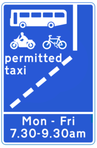 Bus Lane sign showing beginning of bus lane with single operating time and days