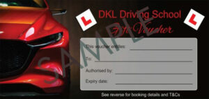 Red car themed driving lesson gift voucher from DKL Driving School